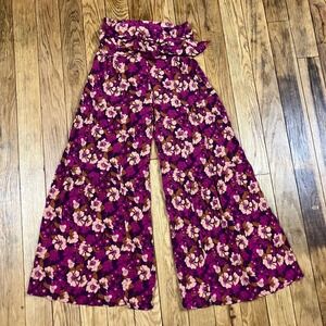 RE‎ WASH Floral Wide Leg Pants Bloom Print High Waist Tie Belt Boho
